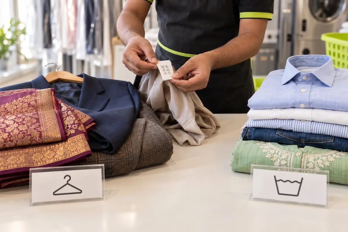 Silk saree and suit sorted for dry cleaning, cotton shirts for washing, with a care label held up to the light