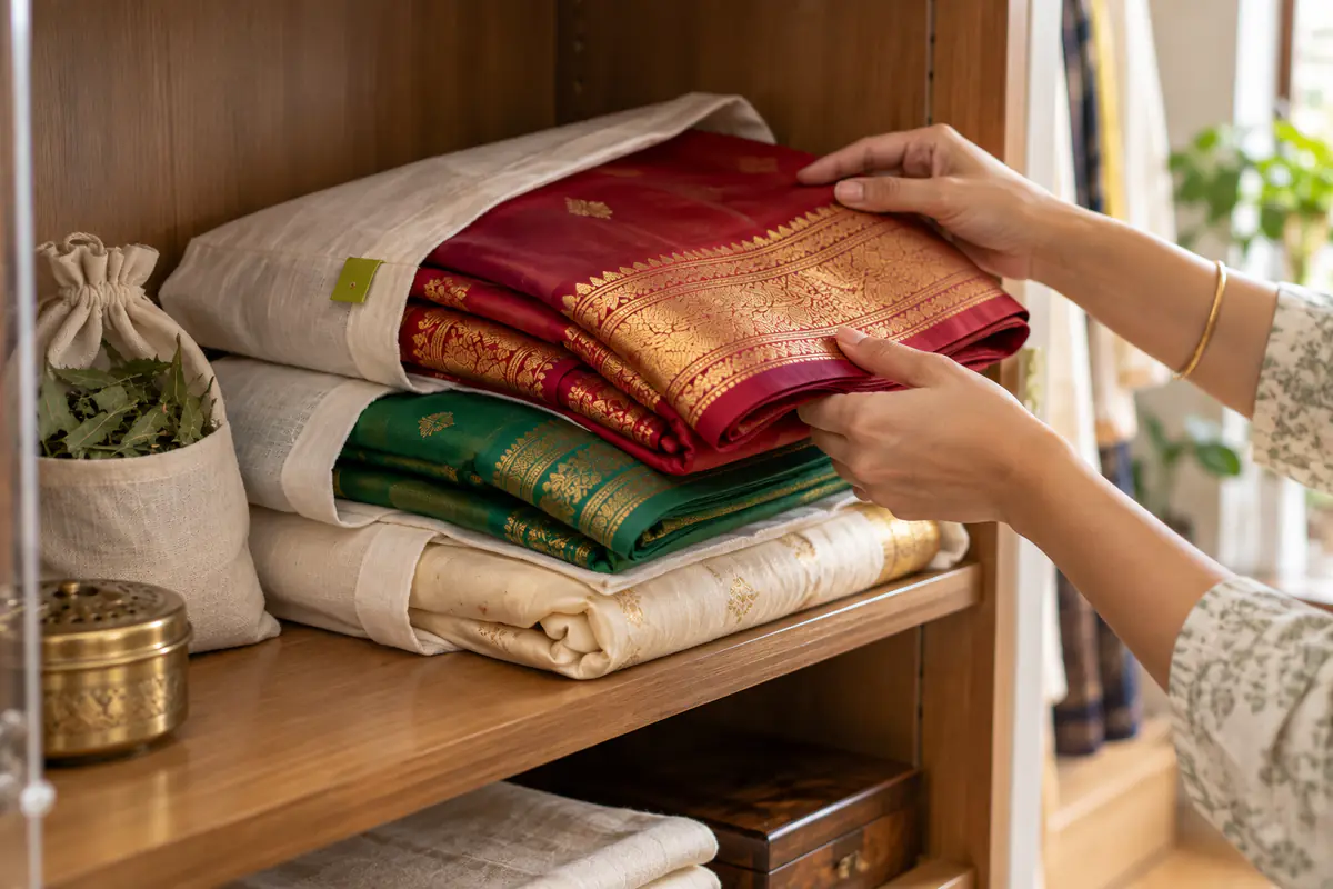 Freshly cleaned silk sarees with zari borders folded in muslin on a shelf, one being refolded by hand