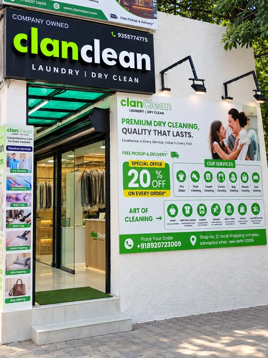 ClanClean laundry and dry cleaning shop in the Block 3 Local Shopping Complex, Sarvapriya Vihar