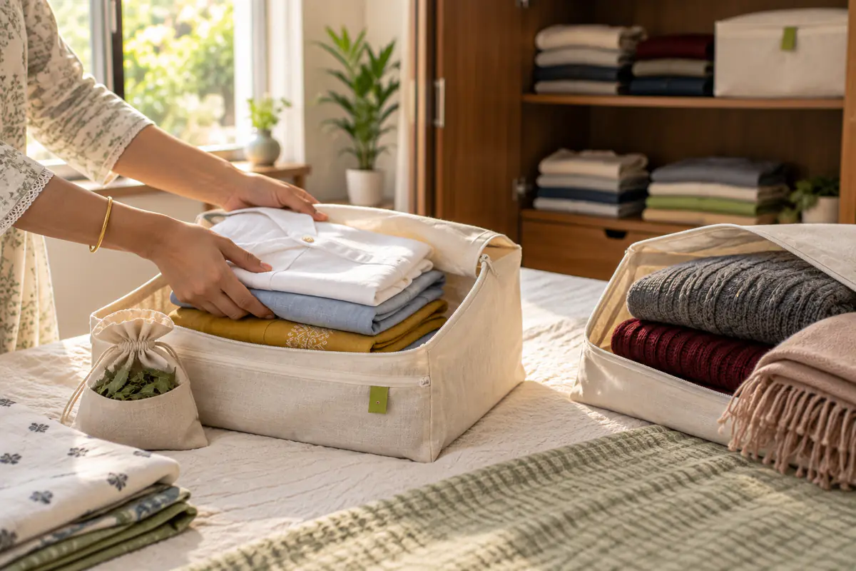 Freshly washed summer cottons being folded into zipped cotton storage bags on a sunlit bed in a Delhi home, winter sweaters waiting beside them