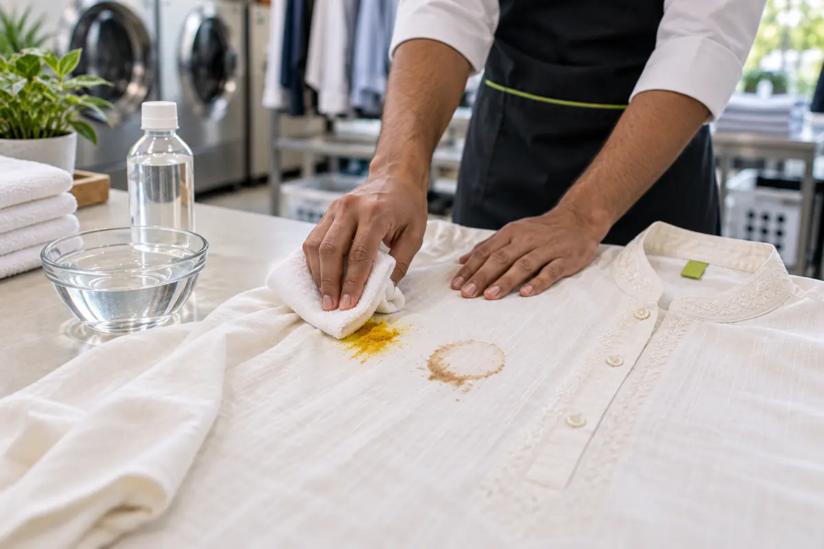 Fresh turmeric and tea stains on a white cotton kurta being blotted with a clean cloth at a Delhi laundry counter