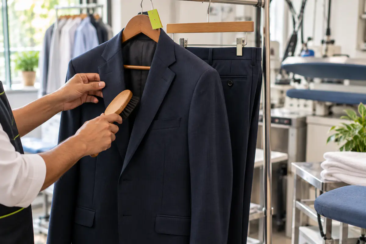 A freshly pressed navy wool suit jacket on a broad wooden hanger being finished by hand at a Delhi dry cleaner, matching trousers beside it
