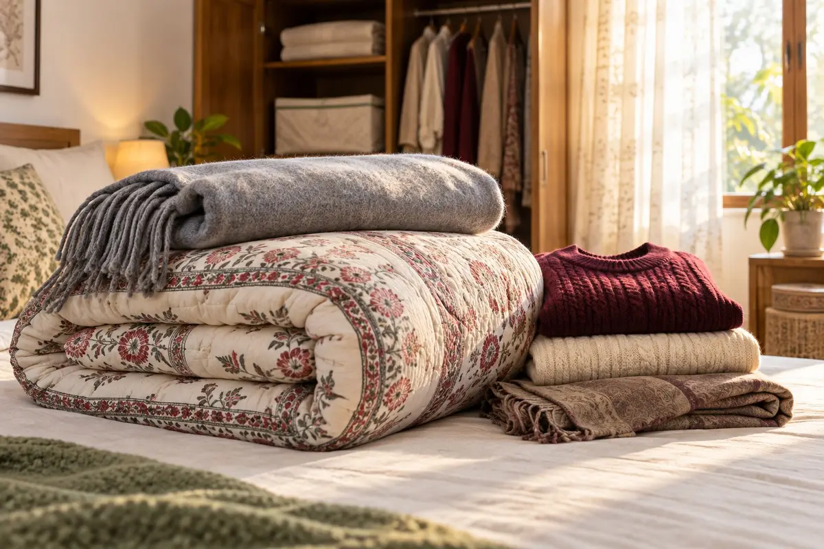 Freshly cleaned razai, blanket and woollen sweaters laid out on a bed for Delhi winter