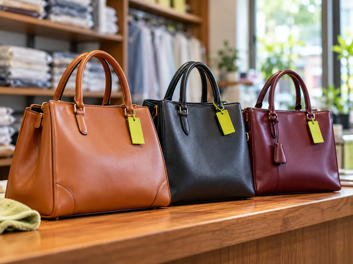 Cleaned and conditioned leather handbags on the counter at ClanClean Delhi