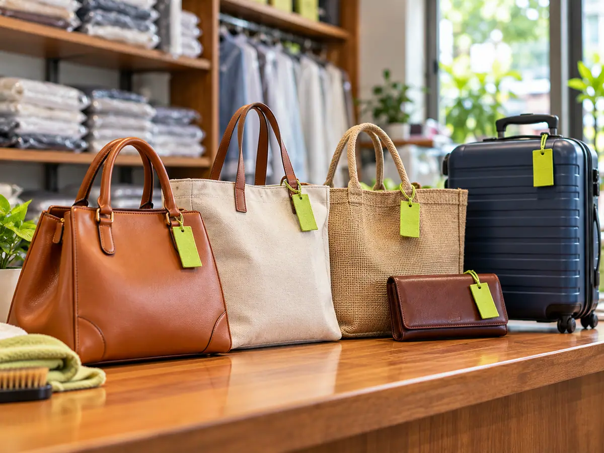 Leather handbag, canvas tote, jute bag, wallet and small suitcase lined up for cleaning at ClanClean