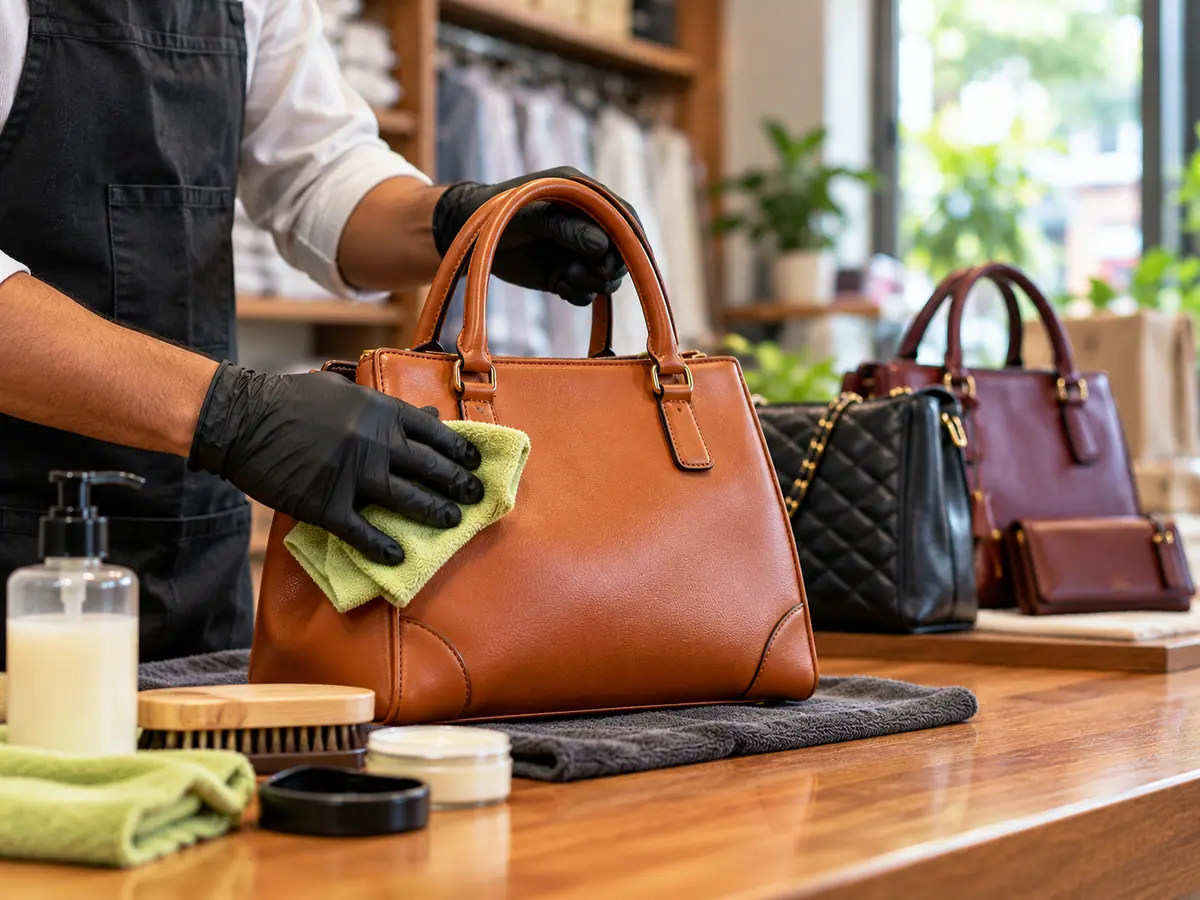 Flat lay of handbags, totes, a backpack, a wallet and a travel bag in leather, canvas and jute