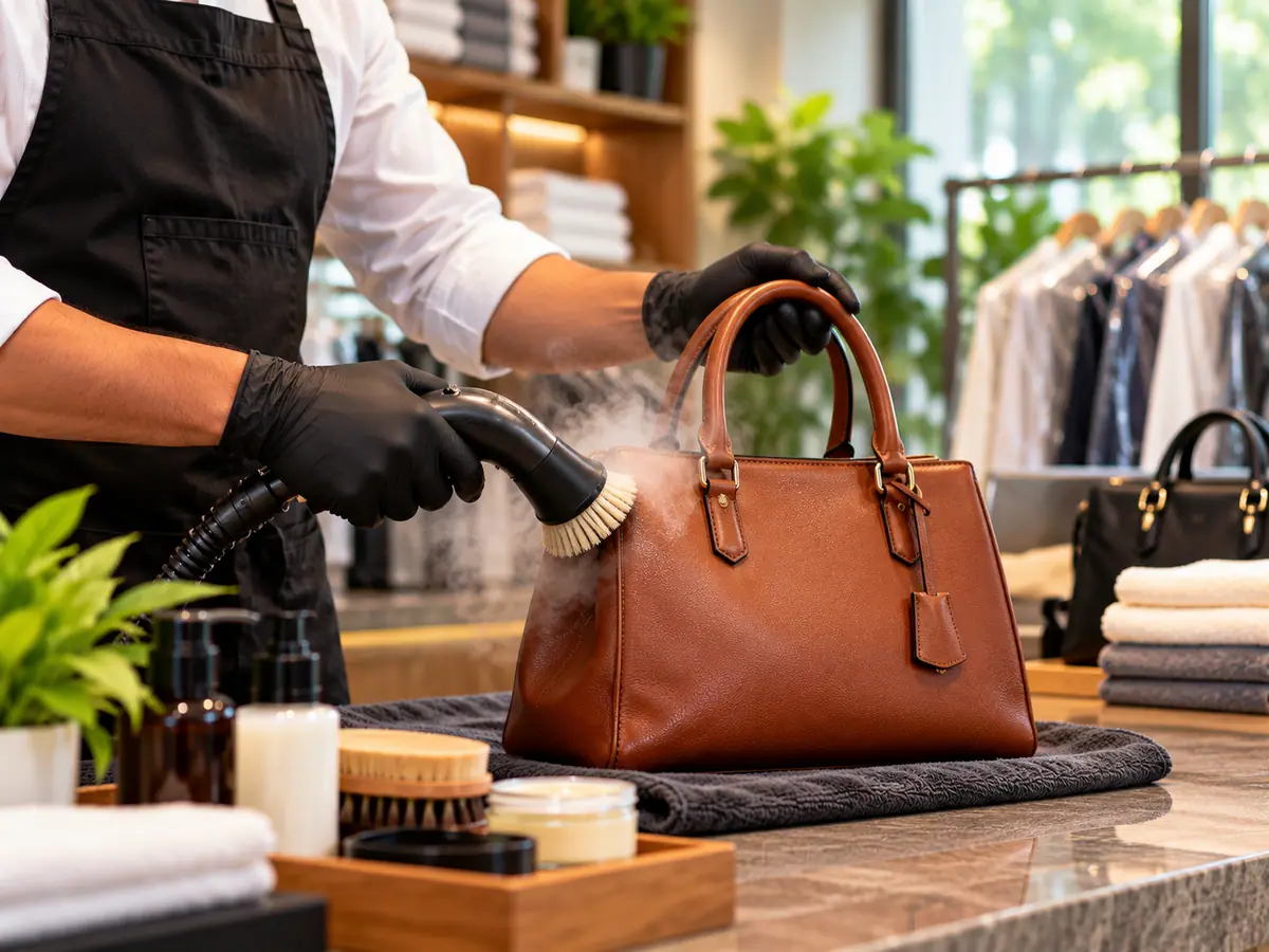 Gloved hands cleaning the handle and base corner of a leather handbag by hand at ClanClean