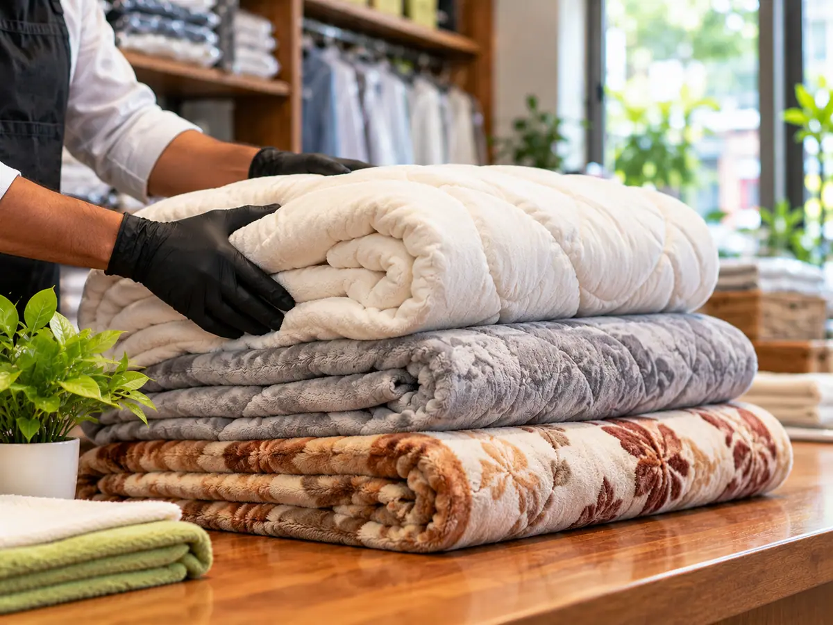 Freshly cleaned and folded blankets, quilts and a cotton razai stacked on the counter at ClanClean Delhi