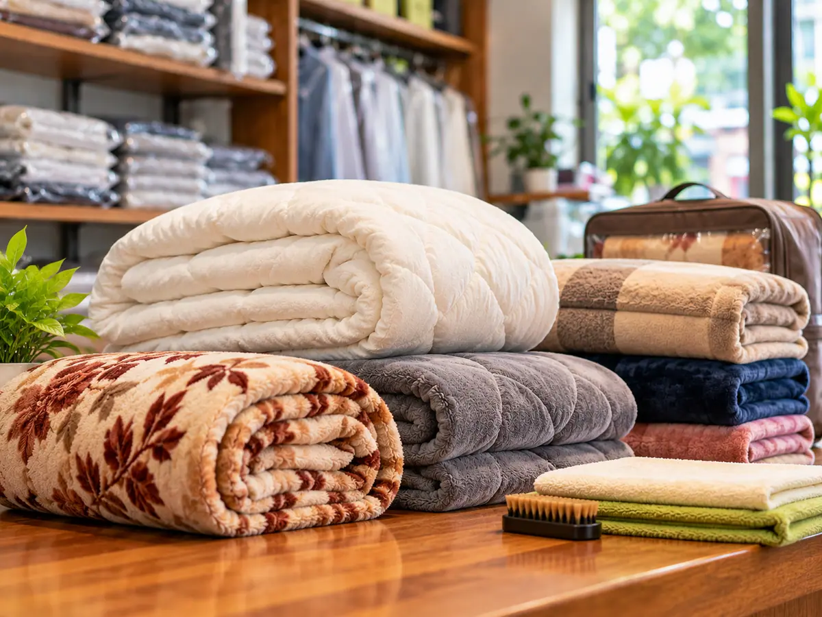 Single and double blankets, a quilt and a razai laid out side by side for cleaning