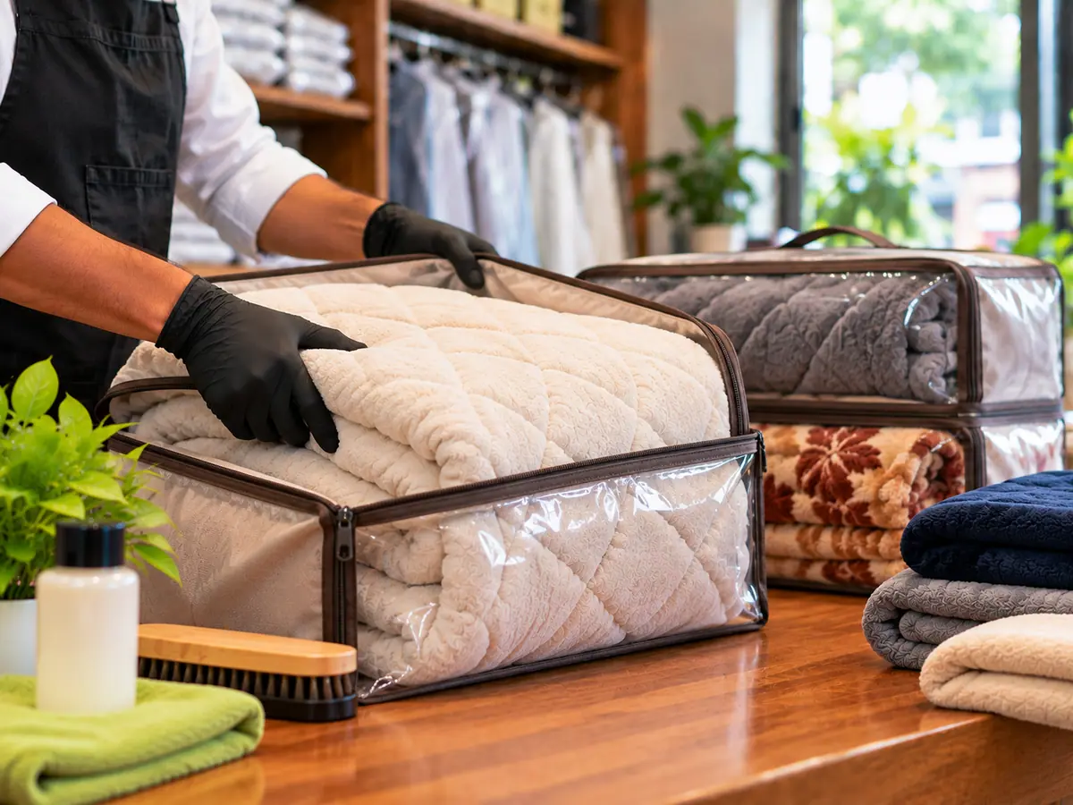 Cleaned blankets and a razai stored folded in breathable cotton bags on a wardrobe shelf for summer