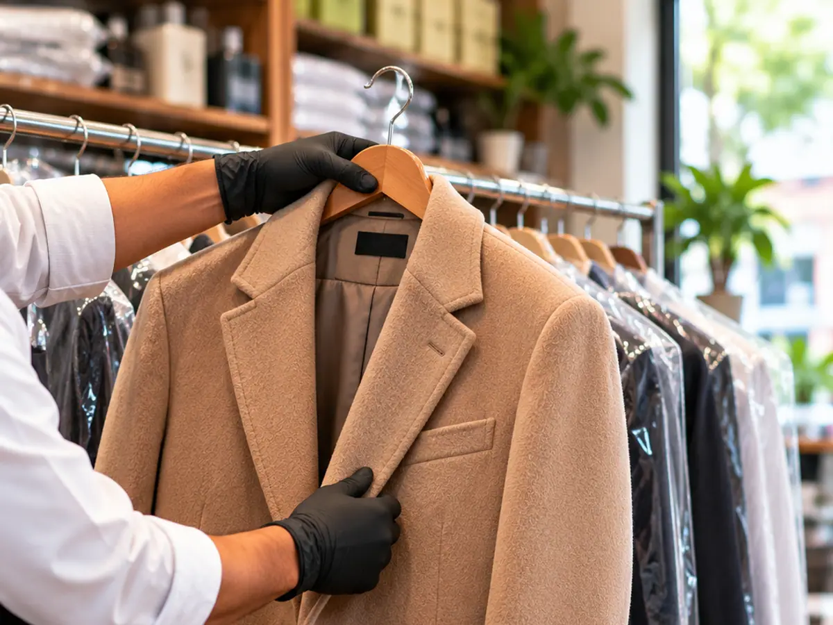 Camel wool overcoat checked by hand before dry cleaning at ClanClean Delhi, with cleaned suits hanging in covers behind