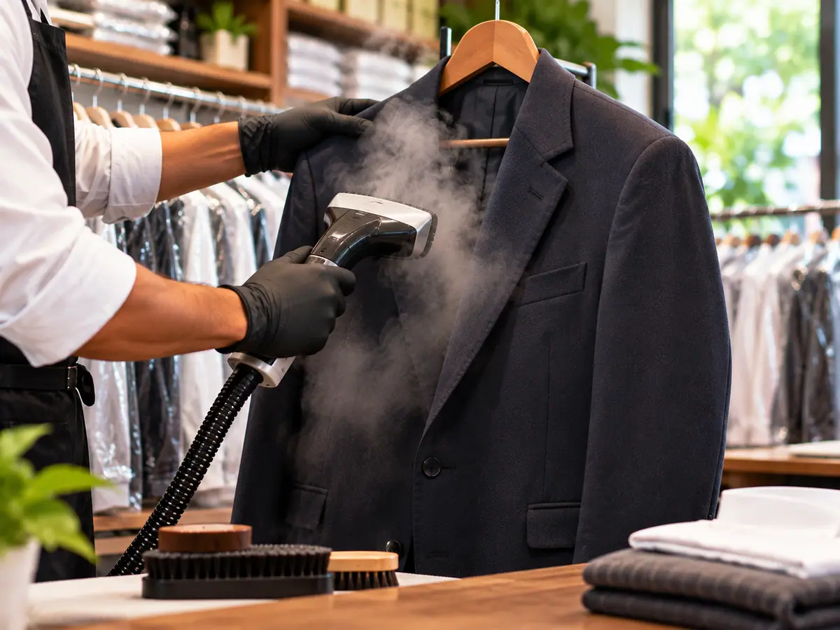 Navy suit jacket on a wooden hanger beside a steam press in an Indian dry-cleaning shop