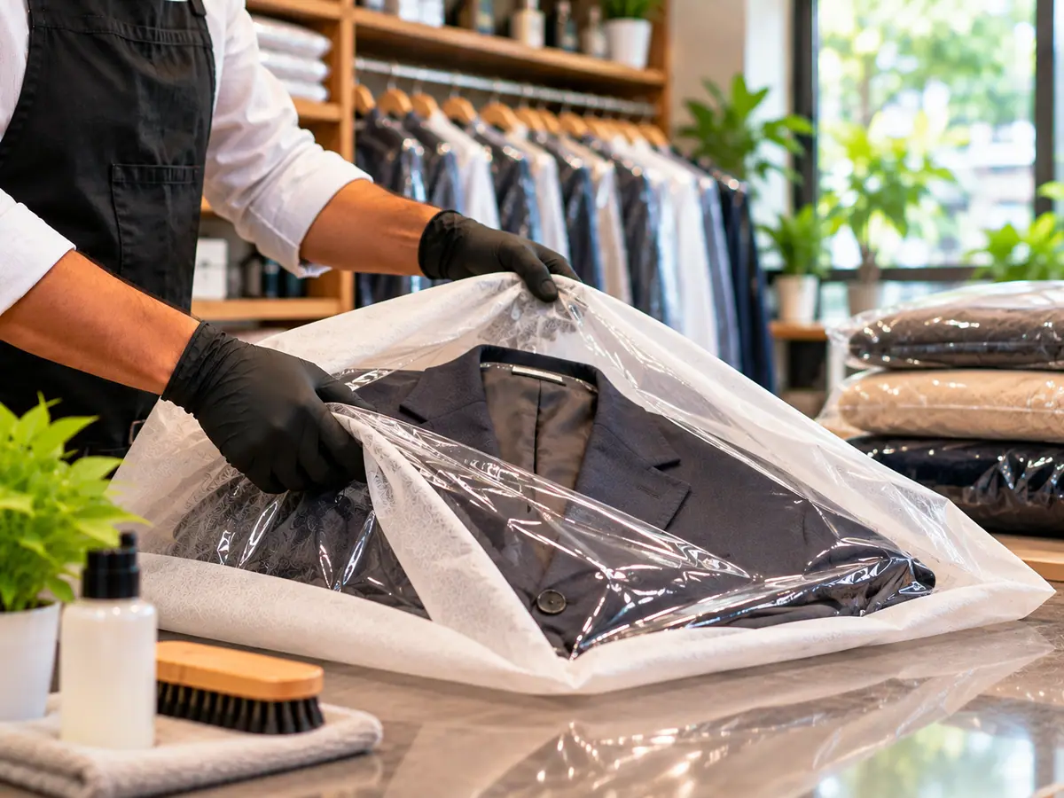 Presser shaping a suit jacket shoulder on a tailor's form with a steam iron at ClanClean