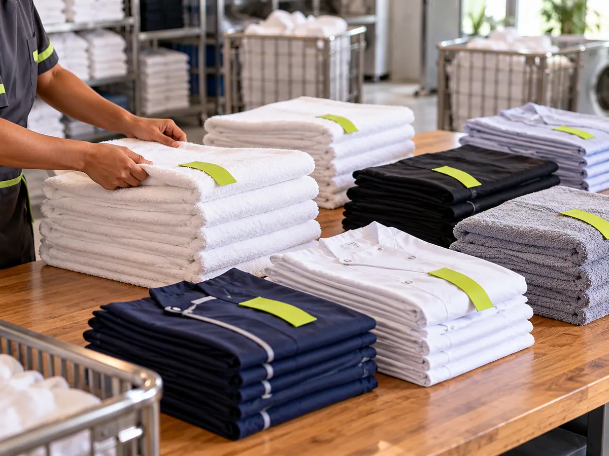Sorted stacks of hotel towels, salon capes, gym towels and clinic coats ready for delivery