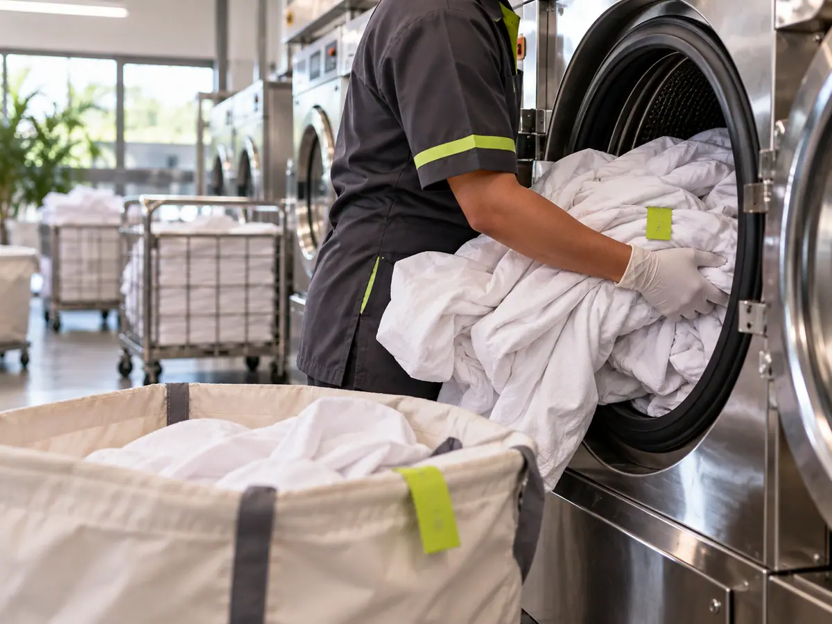 Gloved hands loading tagged white linen into a large front-loading washer at ClanClean