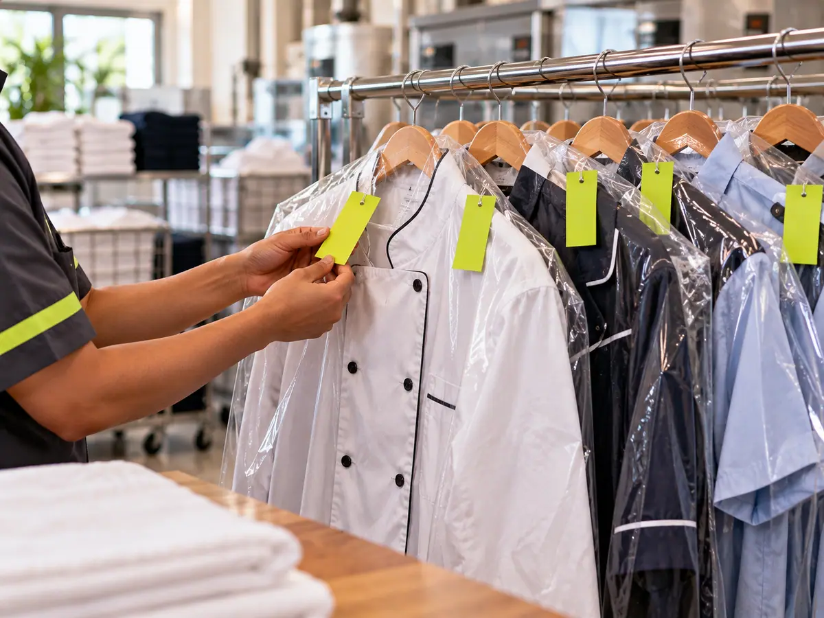 Rail of pressed chef coats and staff uniforms in covers with a hand checking the order tag