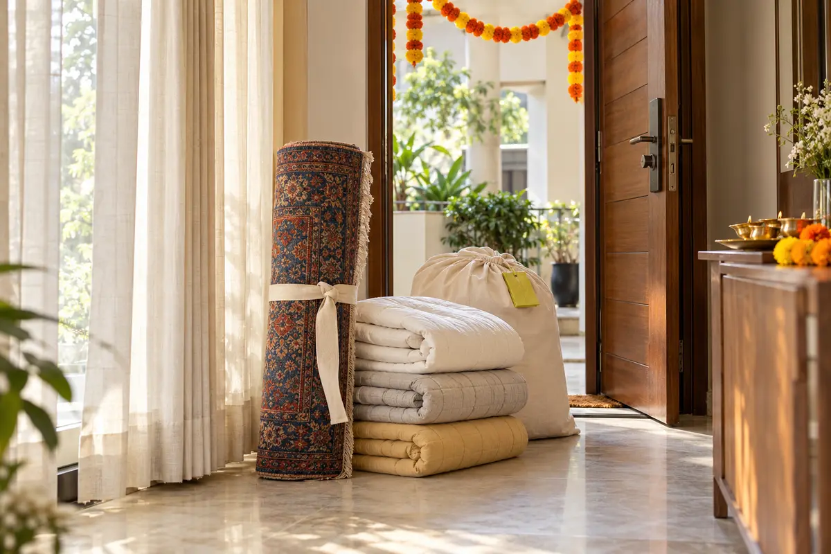 Freshly cleaned cream curtains, a rolled rug and folded quilts ready by the front door of a Delhi home decorated with a marigold garland and brass diyas before Diwali