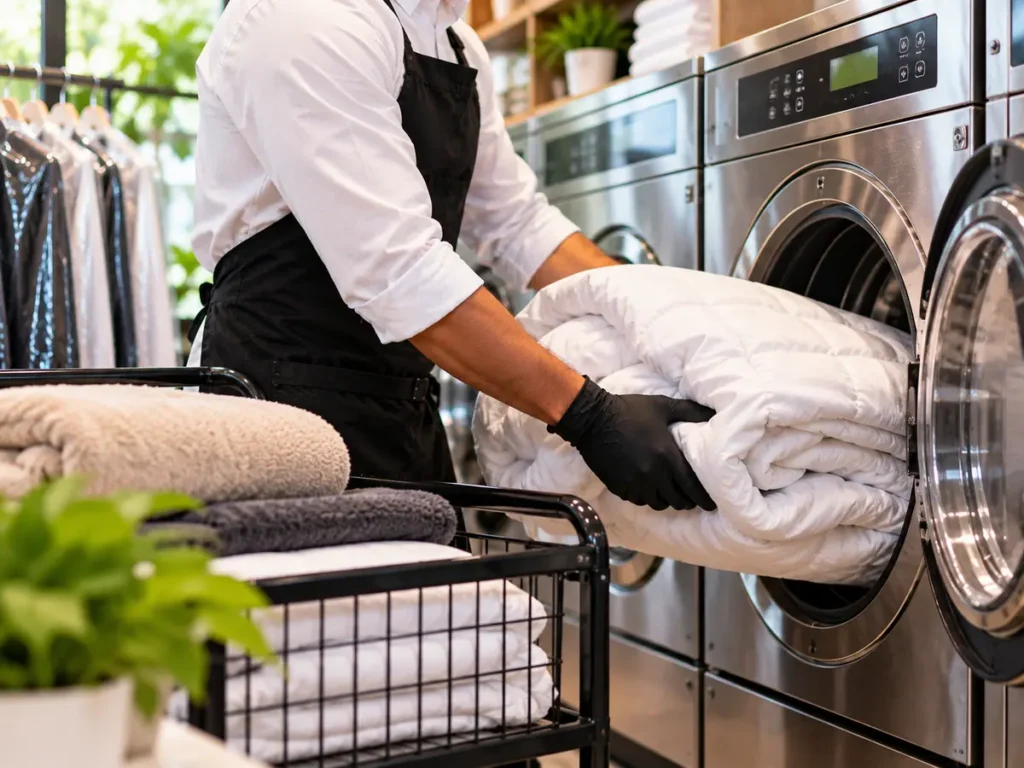 Steam-ironed shirts, a wash-and-fold stack, a dry-cleaned saree and a suit lined up for express collection