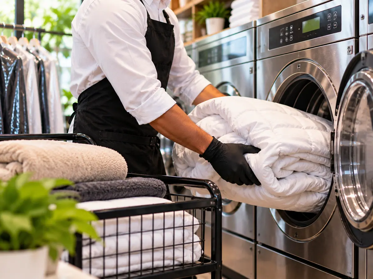 Steam-ironed shirts, a wash-and-fold stack, a dry-cleaned saree and a suit lined up for express collection