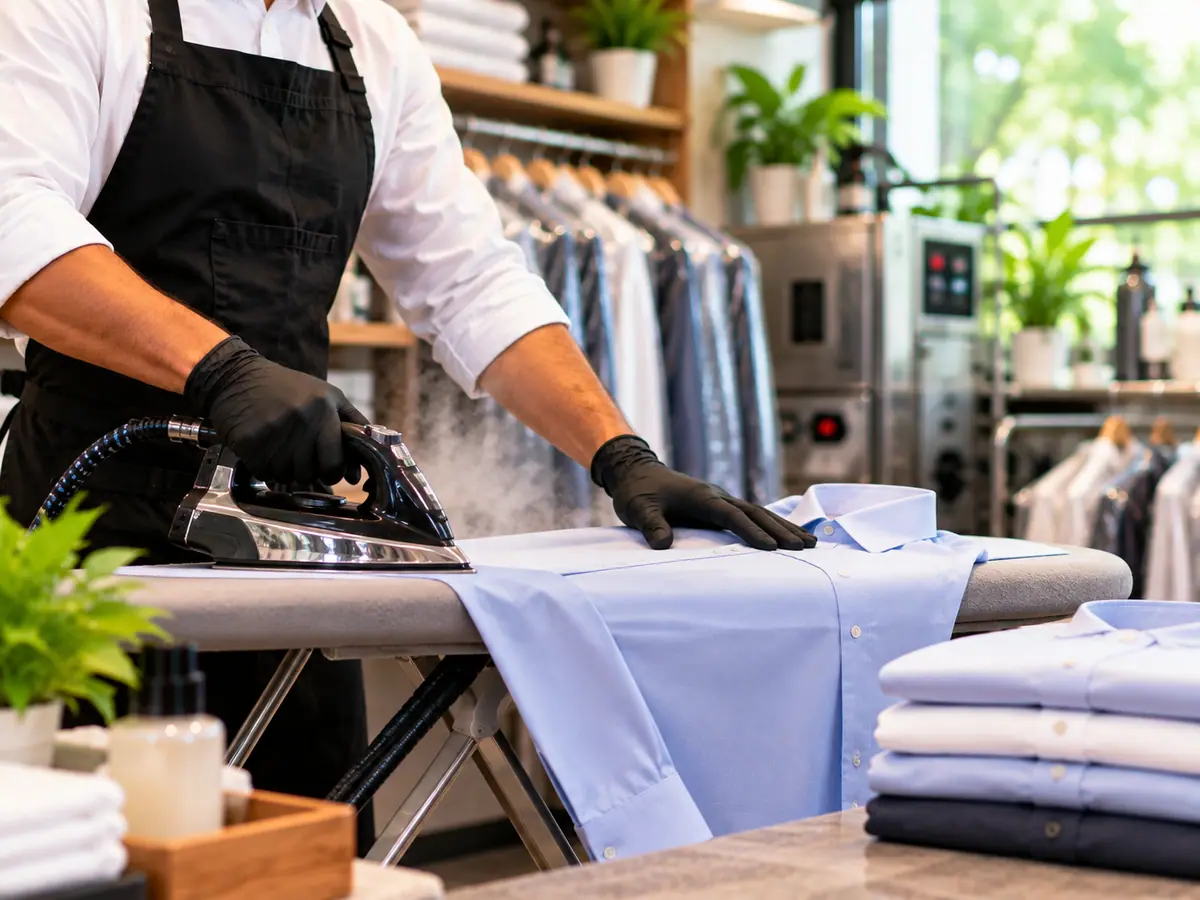 Presser steam-ironing a white cotton shirt collar on a professional press at ClanClean