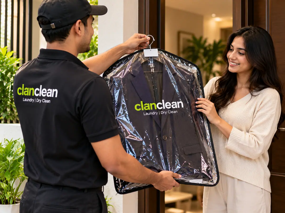 Laundry bag handed over at a Delhi doorstep in bright afternoon light for same-day pickup