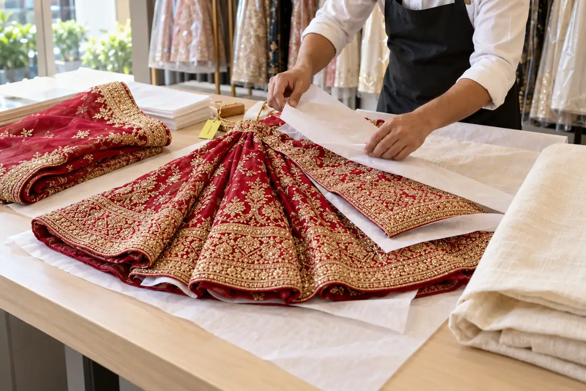 A deep red bridal lehenga with gold zari embroidery being folded with white tissue paper by hand at a Delhi dry cleaning counter